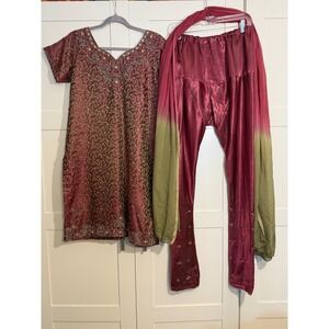 Indian Salwar Kameez Dupatta‎ Set Red Gold Embellished Ethnic Wear Outfit